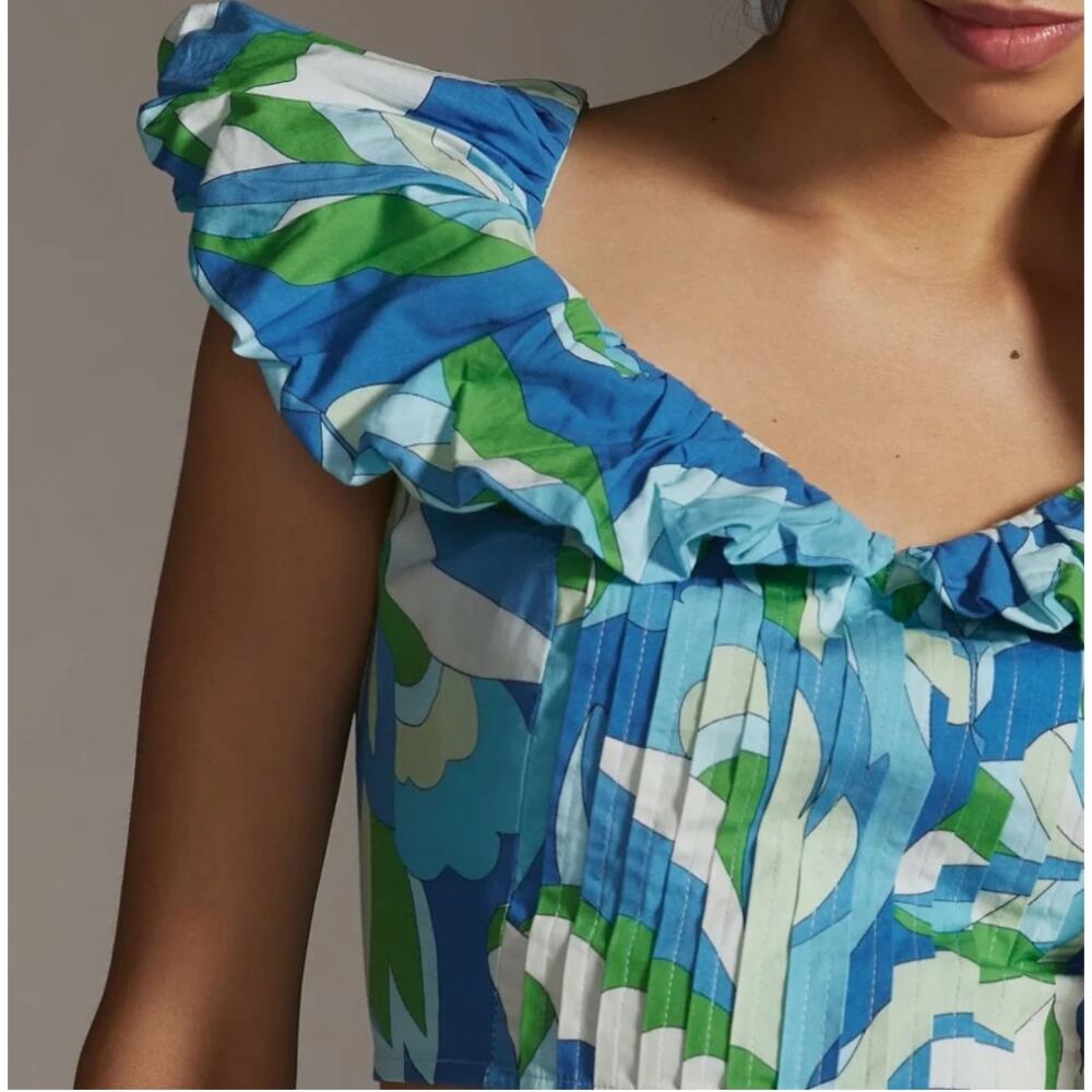 Maeve Anthropologie Ruffle-Sleeve Cropped Blouse Blue Floral Crop Top Size XL - Picture 3 of 11